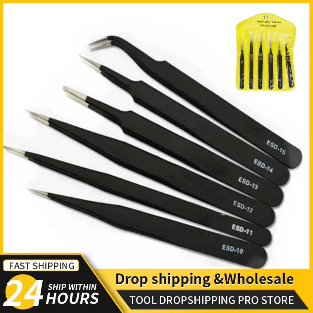 Electronics Repair Tools - ステンレス鋼の精密ピンセット,esd帯電防止修理ツール,はんだ付けクラフトツール,電子機器,6個